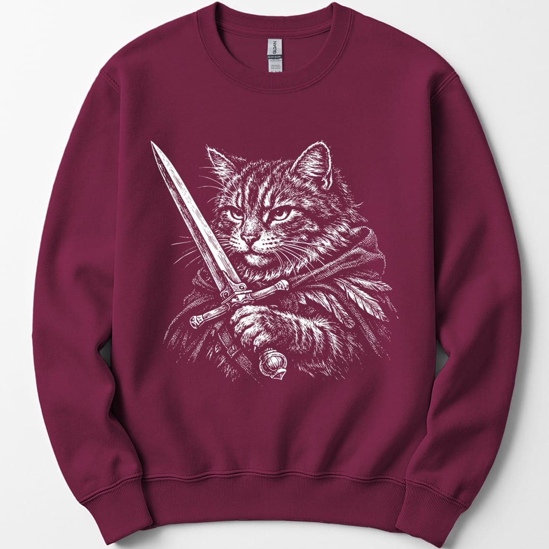 The same Warrior Cat design, on a maroon sweatshirt.