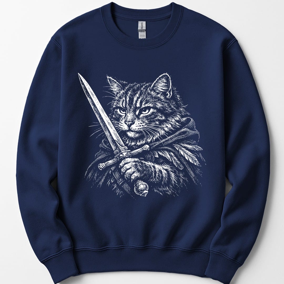 The same Warrior Cat design, on a navy sweatshirt.