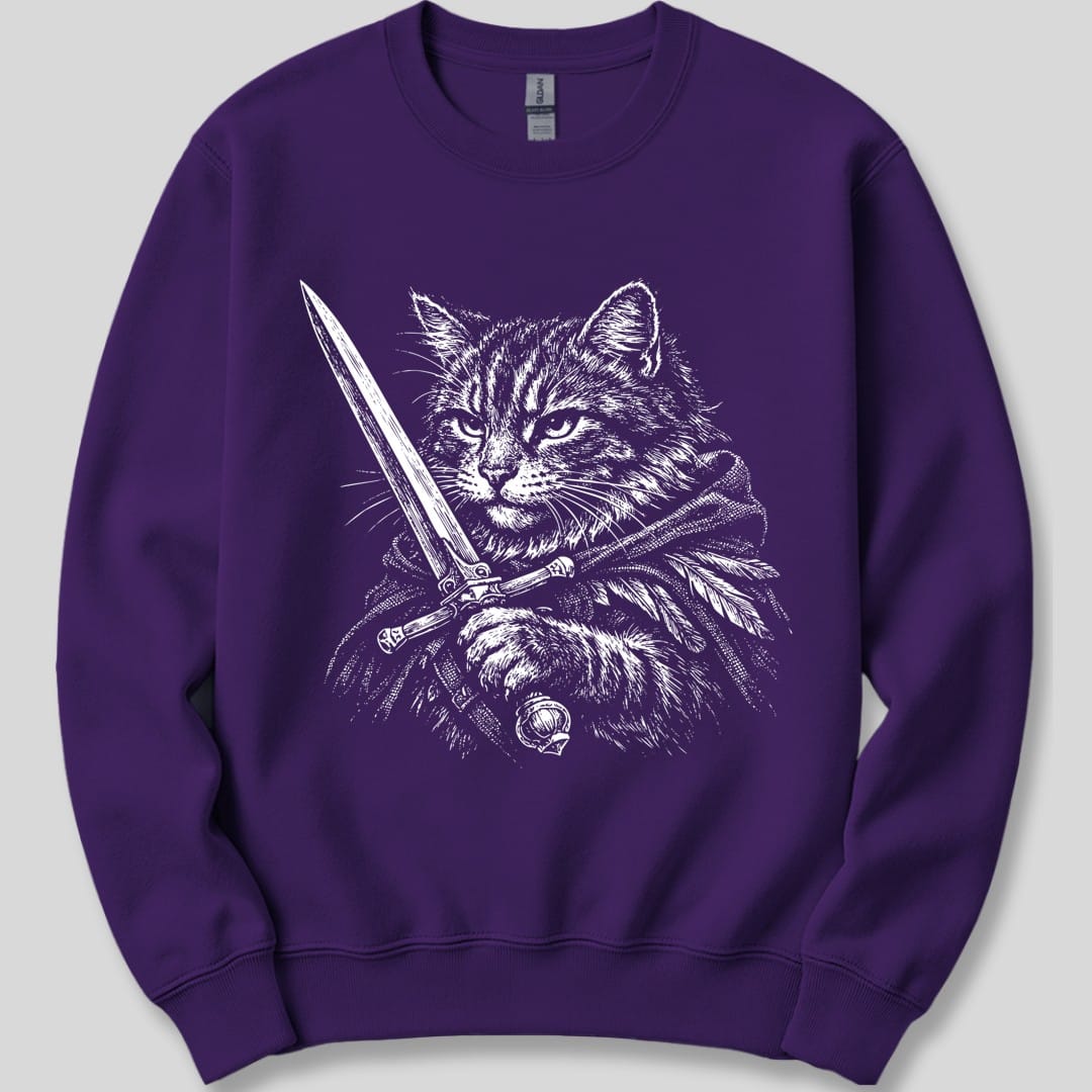 The same Warrior Cat design, on a purple sweatshirt.