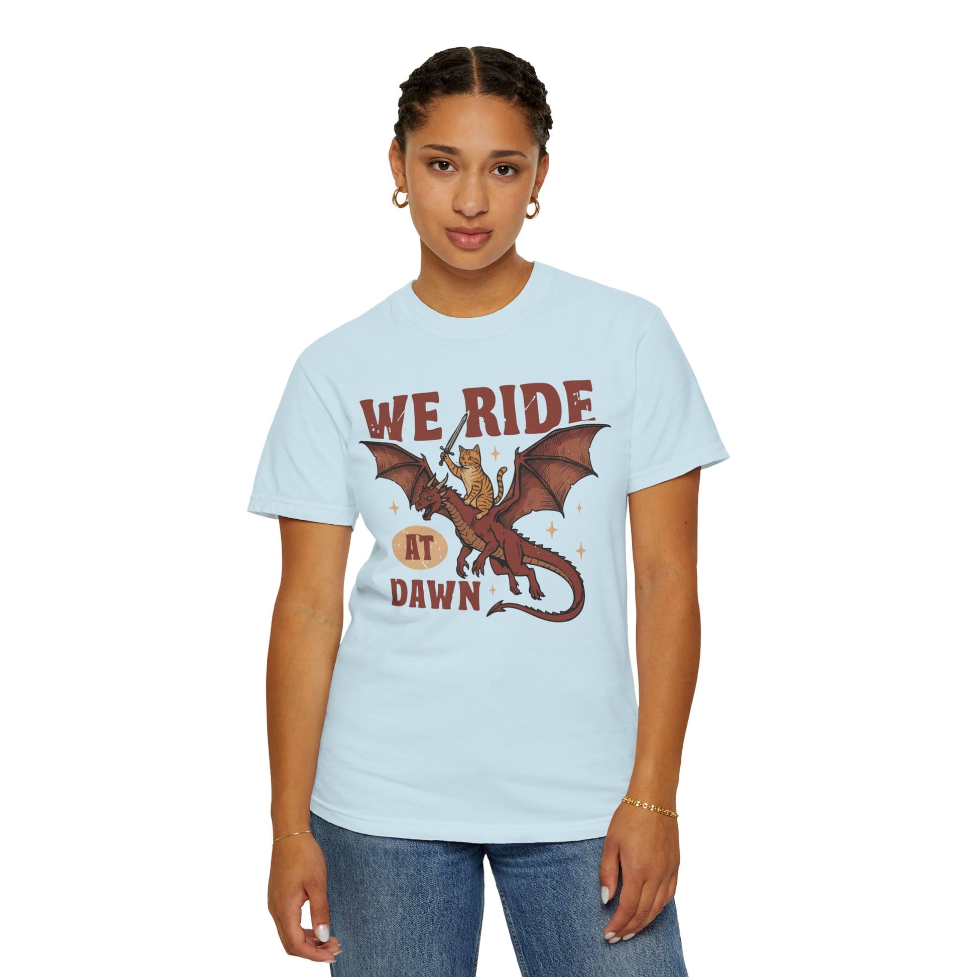 Printify T-Shirt We Ride At Dawn Dragon Cat T-shirt - Comfort Colors
