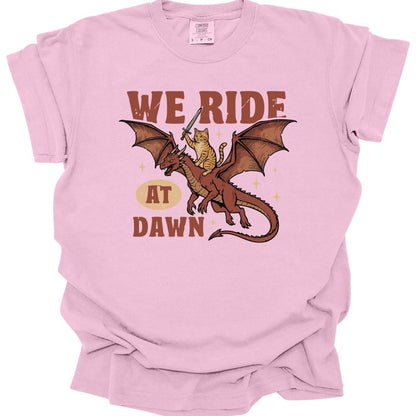 Printify T-Shirt Blossom / S We Ride At Dawn Dragon Cat T-shirt - Comfort Colors
