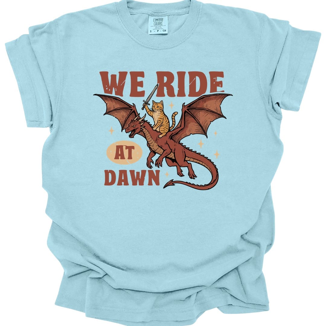 Printify T-Shirt Chambray / S We Ride At Dawn Dragon Cat T-shirt - Comfort Colors