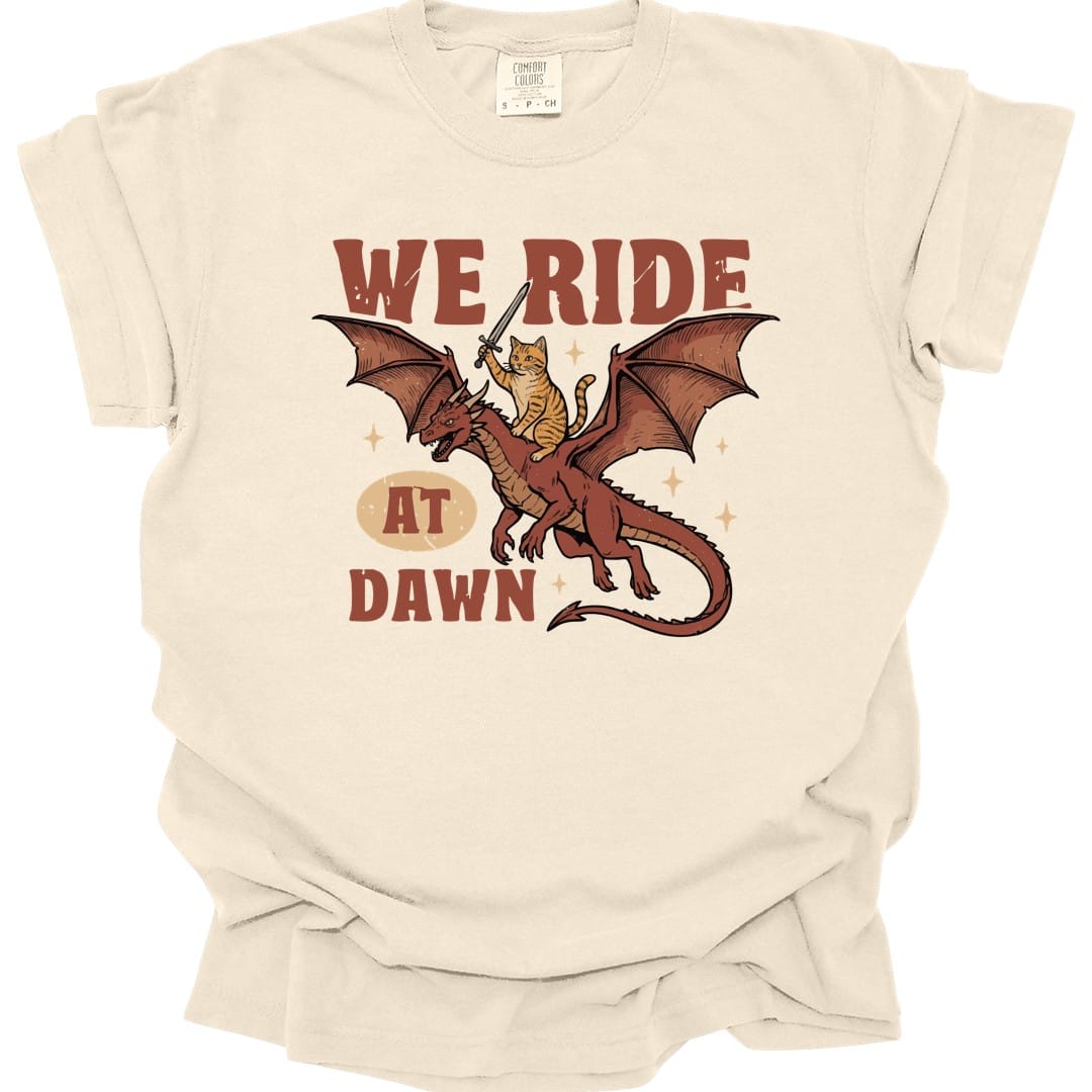 Printify T-Shirt Ivory / S We Ride At Dawn Dragon Cat T-shirt - Comfort Colors