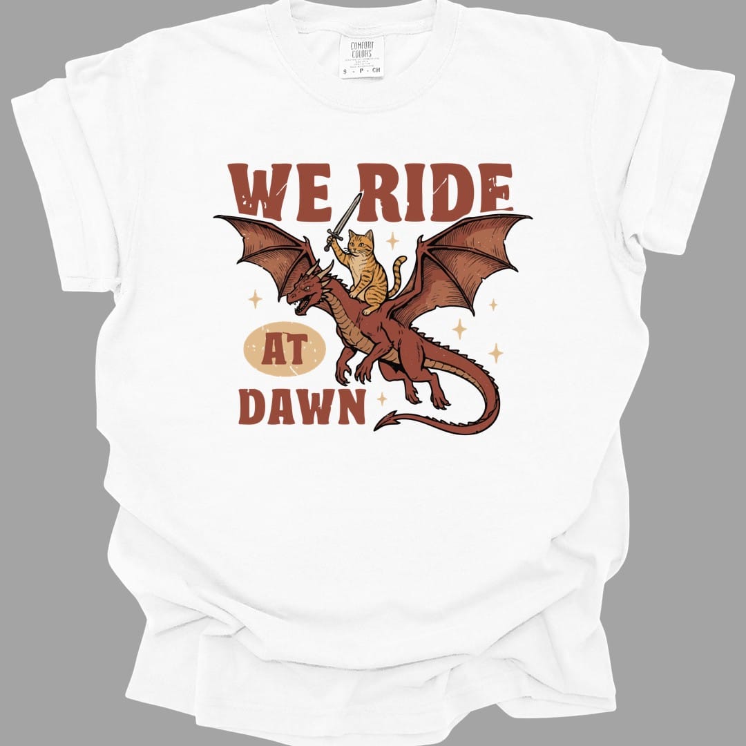 Printify T-Shirt White / S We Ride At Dawn Dragon Cat T-shirt - Comfort Colors