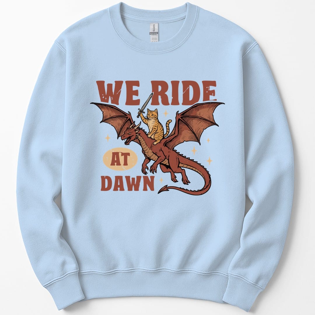 The same We Ride At Dawn dragon cat design, on a light blue sweatshirt.