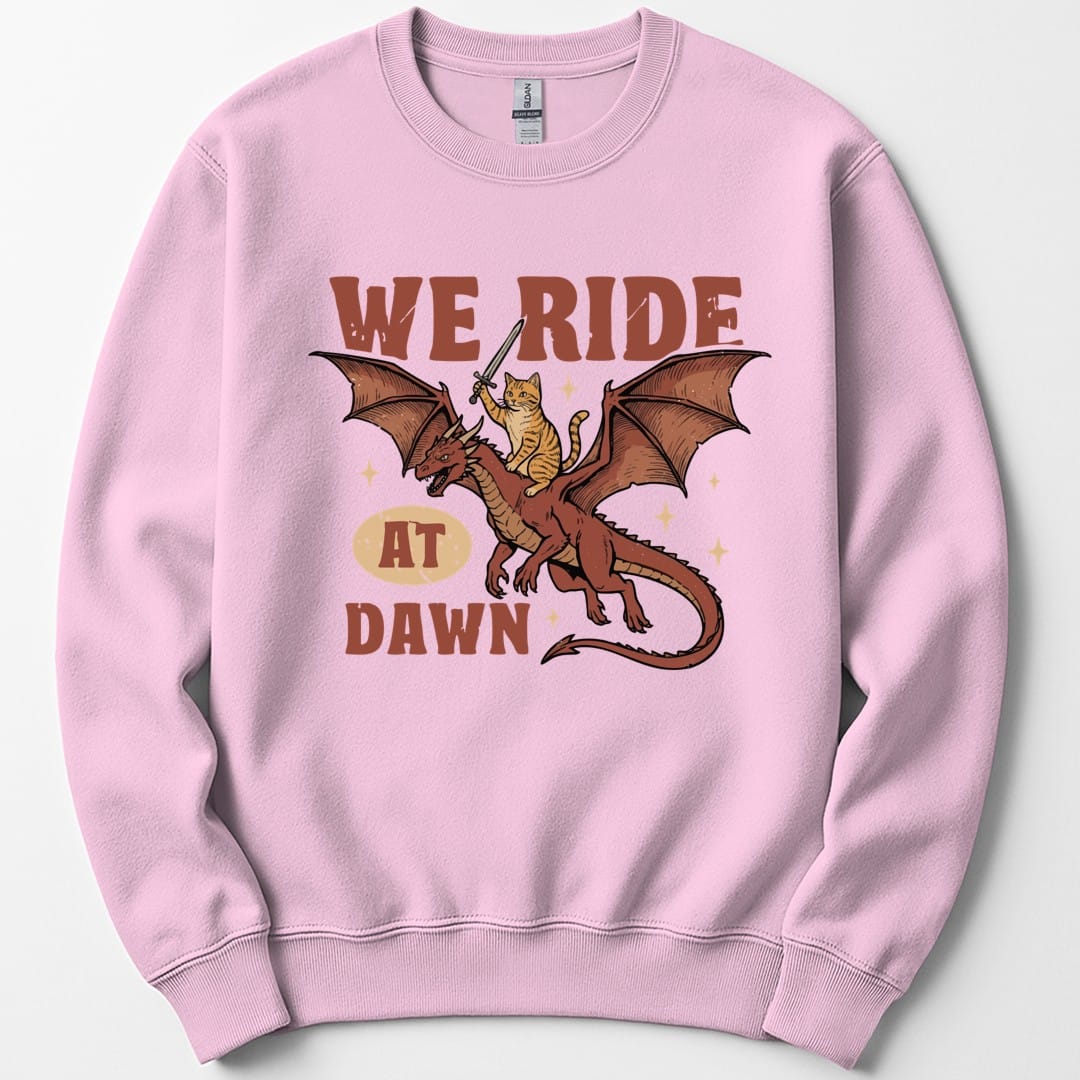 The same We Ride At Dawn dragon cat design, on a light pink sweatshirt.