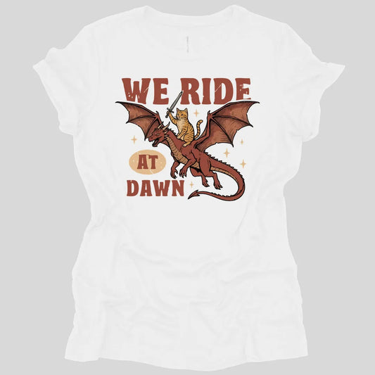 Printify T-Shirt White / S We Ride At Dawn Dragon Cat Women's T-shirt