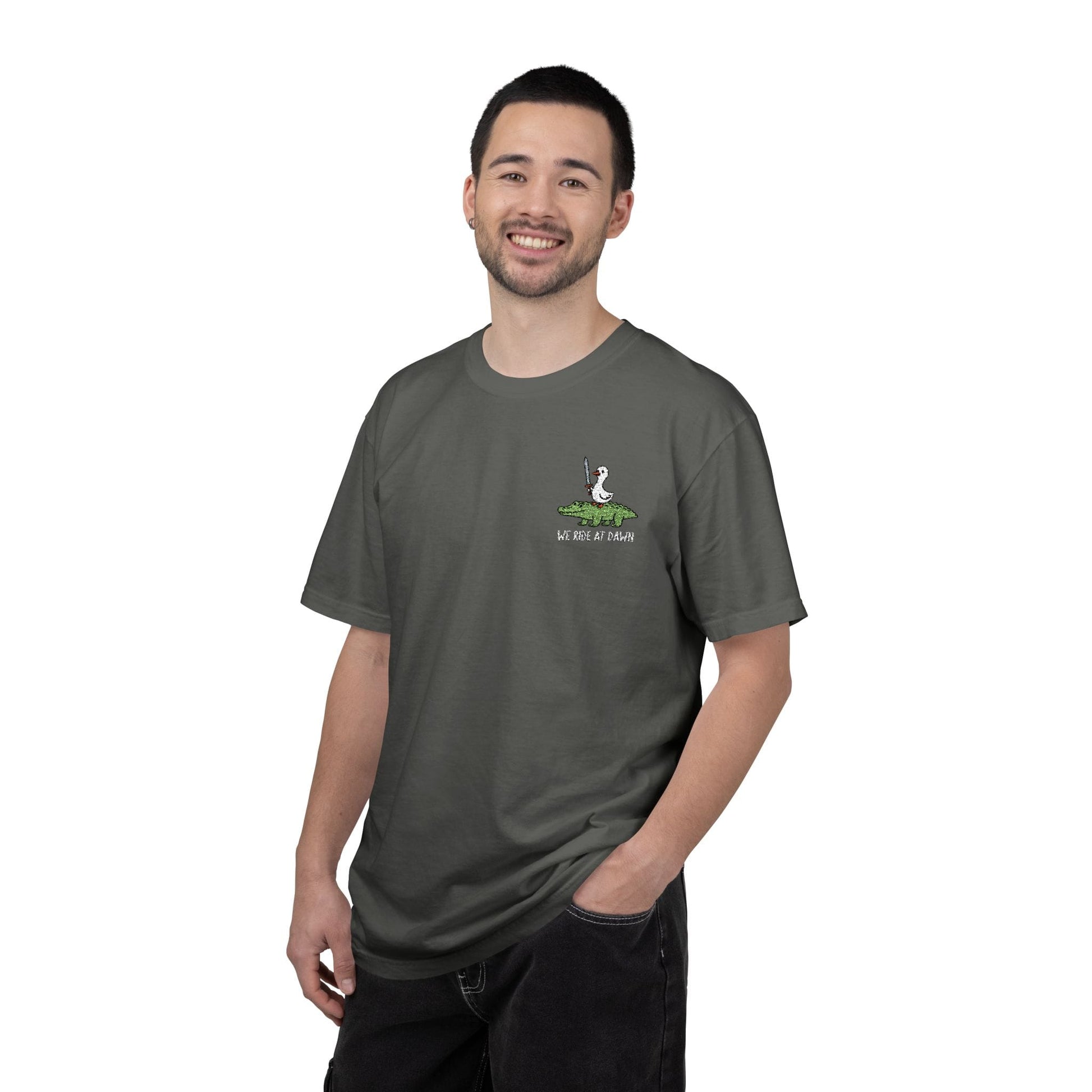Printify T-Shirt We Ride at Dawn Embroidery T-Shirt - Comfort Colors