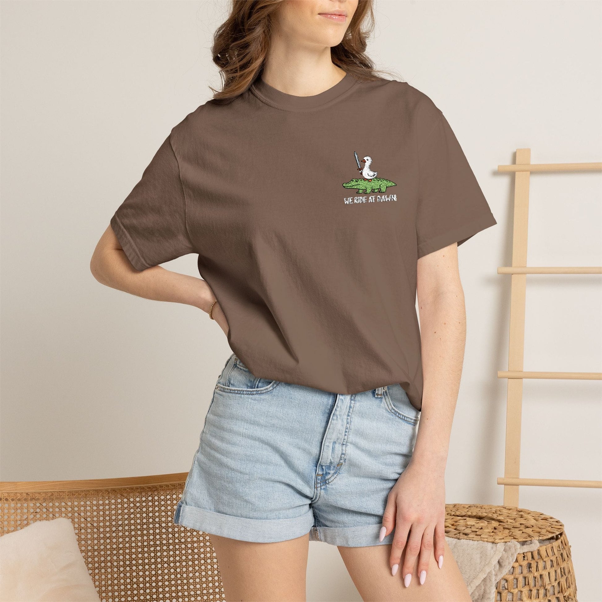 Printify T-Shirt We Ride at Dawn Embroidery T-Shirt - Comfort Colors