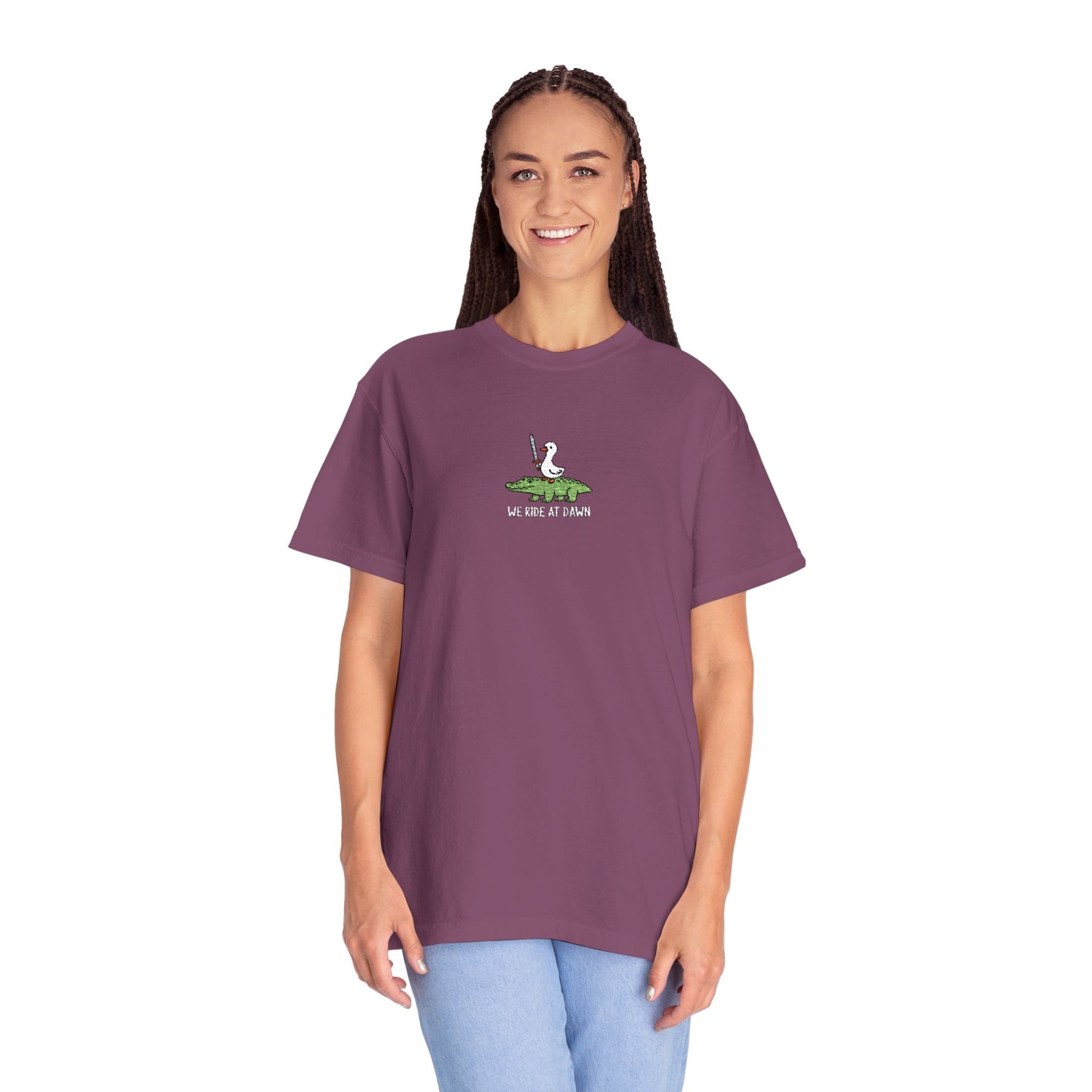 Printify T-Shirt We Ride at Dawn Embroidery T-Shirt - Comfort Colors