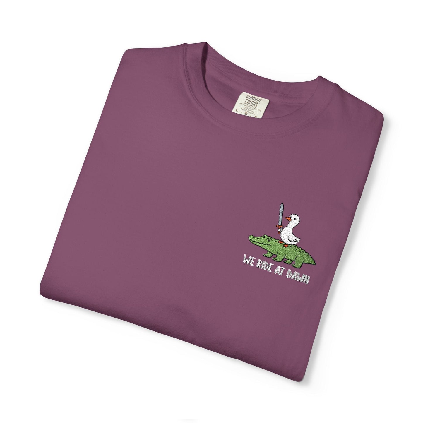 Printify T-Shirt Berry / S We Ride at Dawn Embroidery T-Shirt - Comfort Colors
