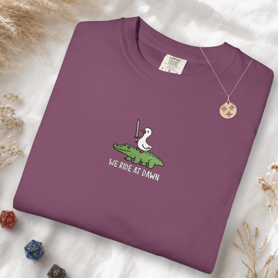 Printify T-Shirt Berry / S We Ride at Dawn Embroidery T-Shirt - Comfort Colors