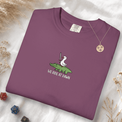 Printify T-Shirt Berry / S We Ride at Dawn Embroidery T-Shirt - Comfort Colors