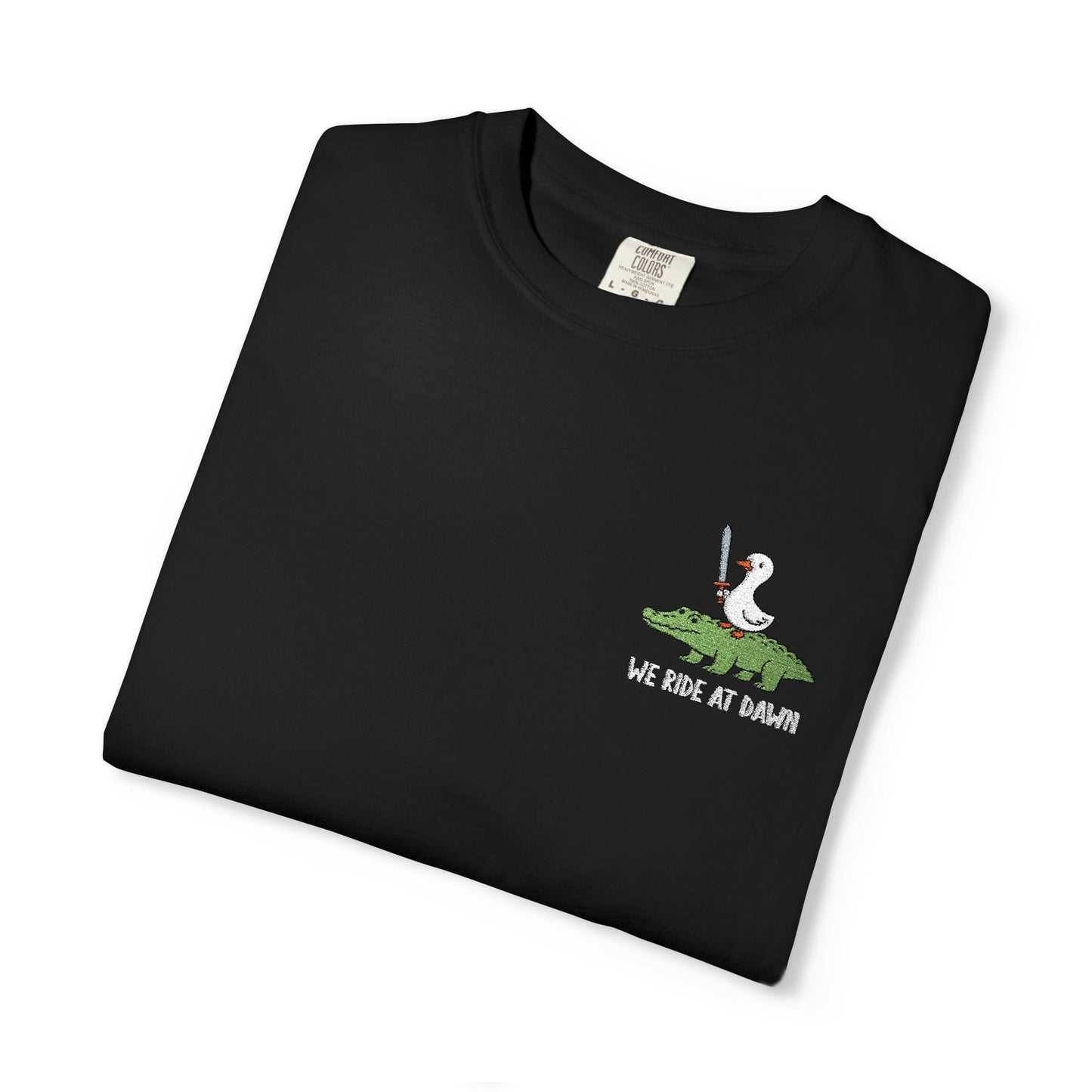 Printify T-Shirt Black / S We Ride at Dawn Embroidery T-Shirt - Comfort Colors