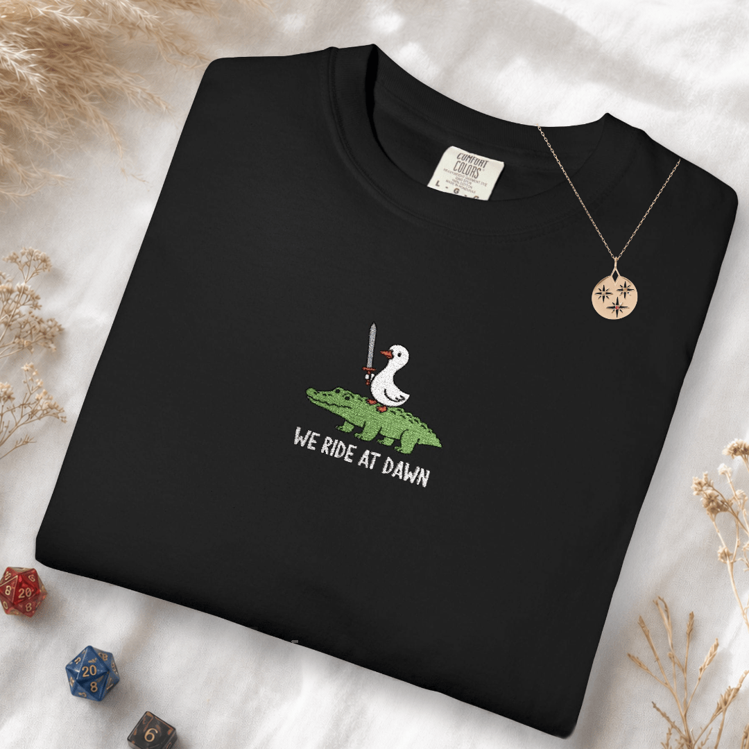 Printify T-Shirt Black / S We Ride at Dawn Embroidery T-Shirt - Comfort Colors