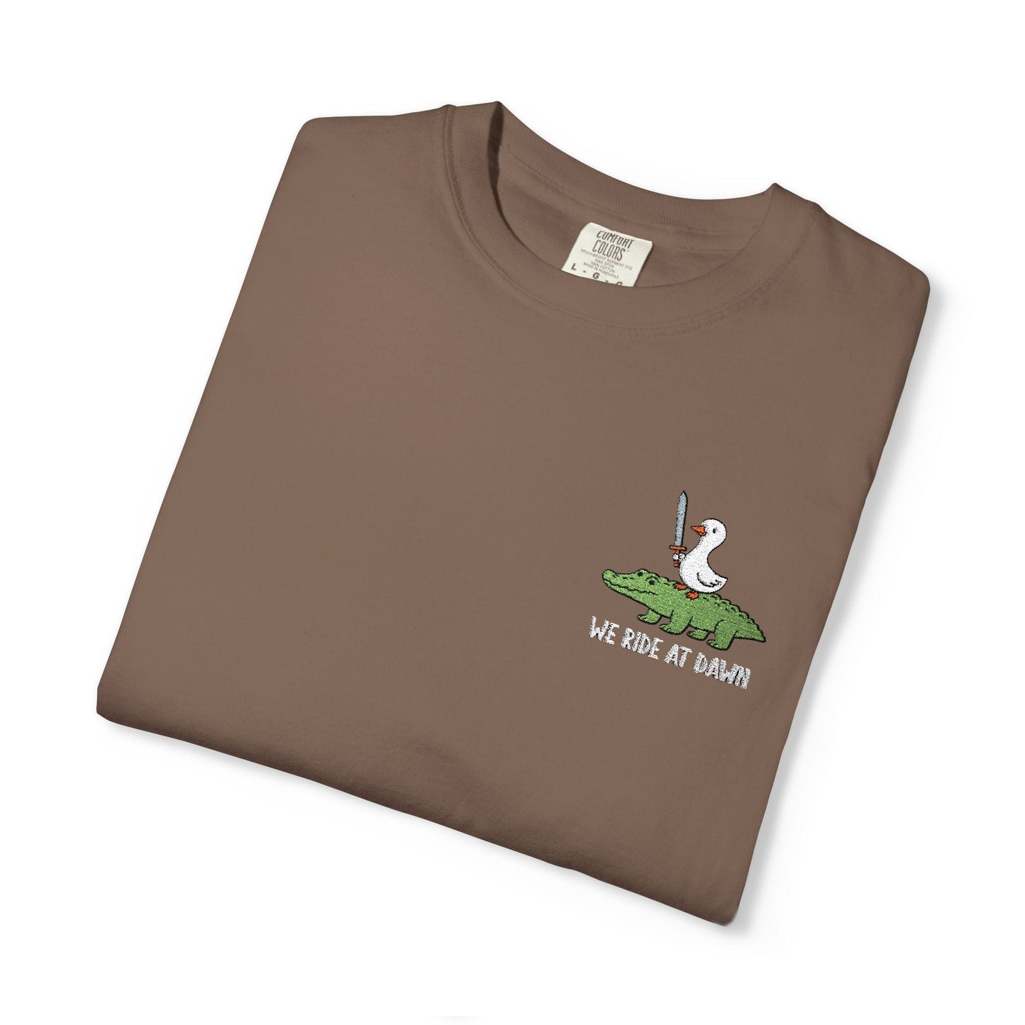 Printify T-Shirt Espresso / S We Ride at Dawn Embroidery T-Shirt - Comfort Colors
