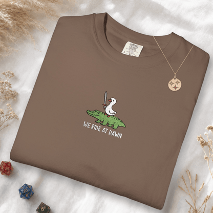 Printify T-Shirt Espresso / S We Ride at Dawn Embroidery T-Shirt - Comfort Colors