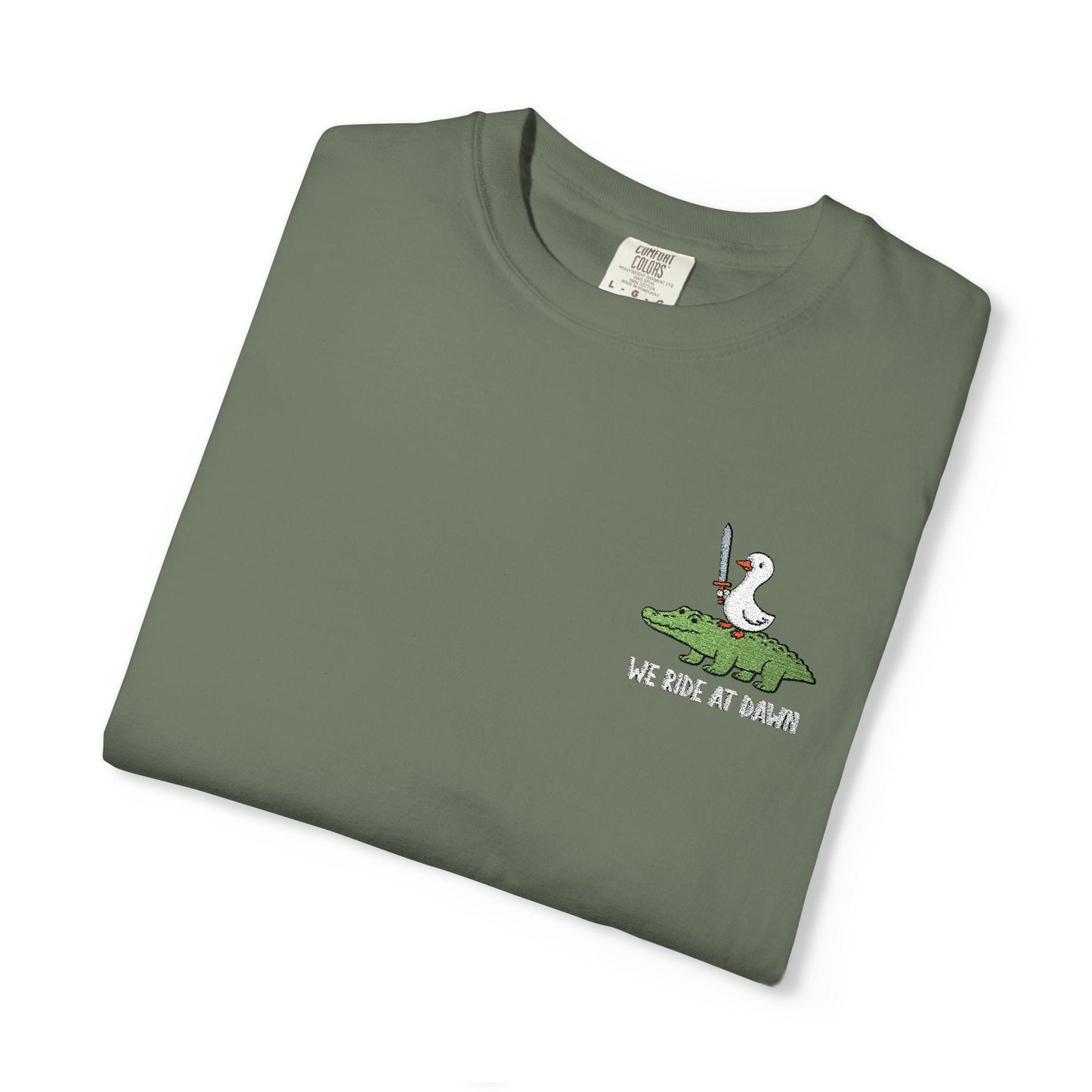 Printify T-Shirt Moss / S We Ride at Dawn Embroidery T-Shirt - Comfort Colors