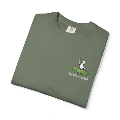 Printify T-Shirt Moss / S We Ride at Dawn Embroidery T-Shirt - Comfort Colors
