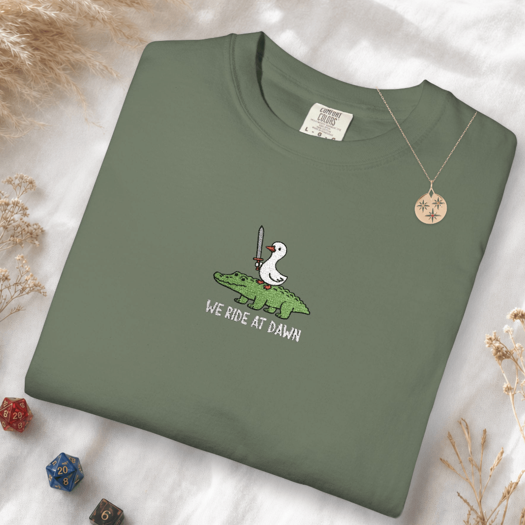 Printify T-Shirt Moss / S We Ride at Dawn Embroidery T-Shirt - Comfort Colors