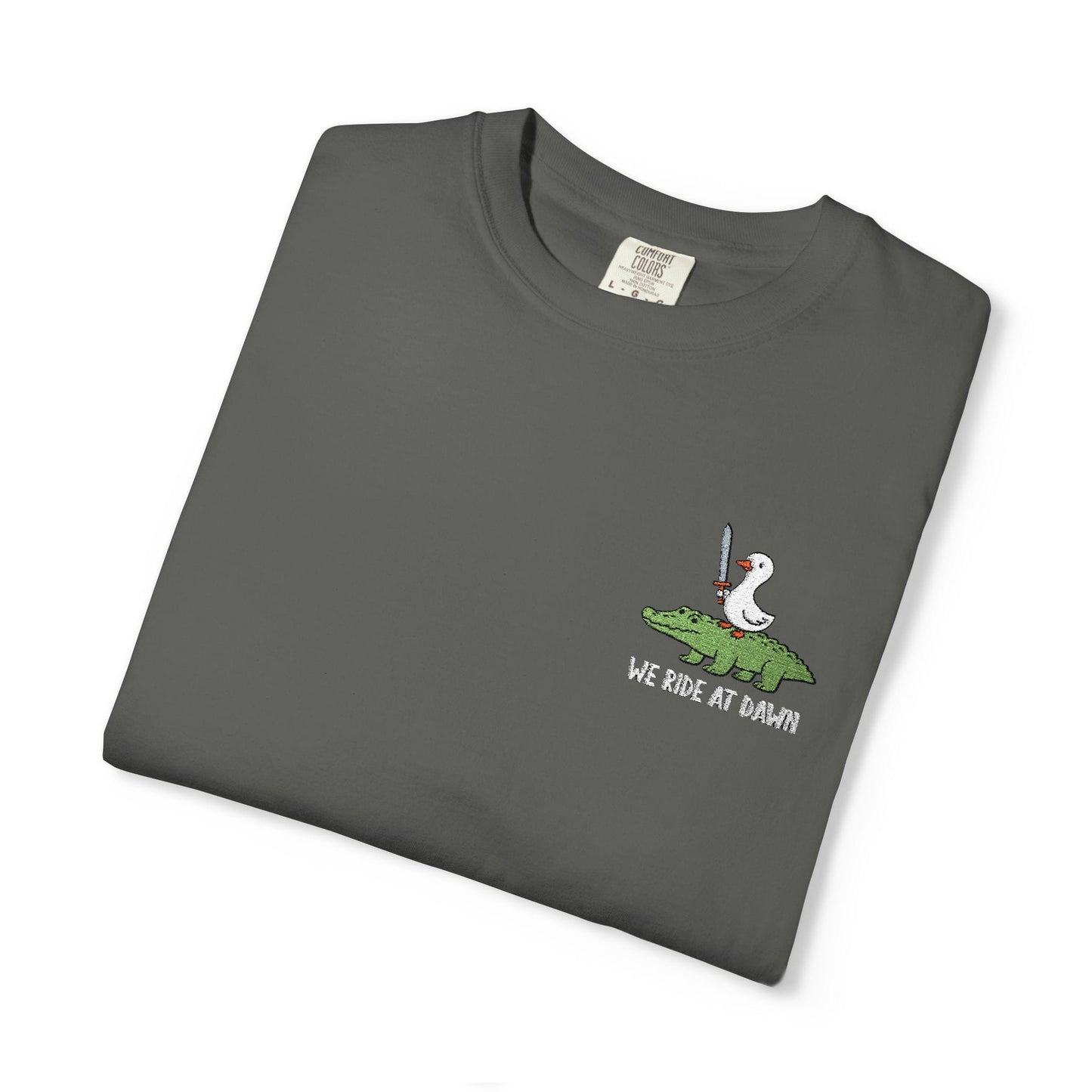 Printify T-Shirt Pepper / S We Ride at Dawn Embroidery T-Shirt - Comfort Colors