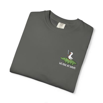 Printify T-Shirt Pepper / S We Ride at Dawn Embroidery T-Shirt - Comfort Colors