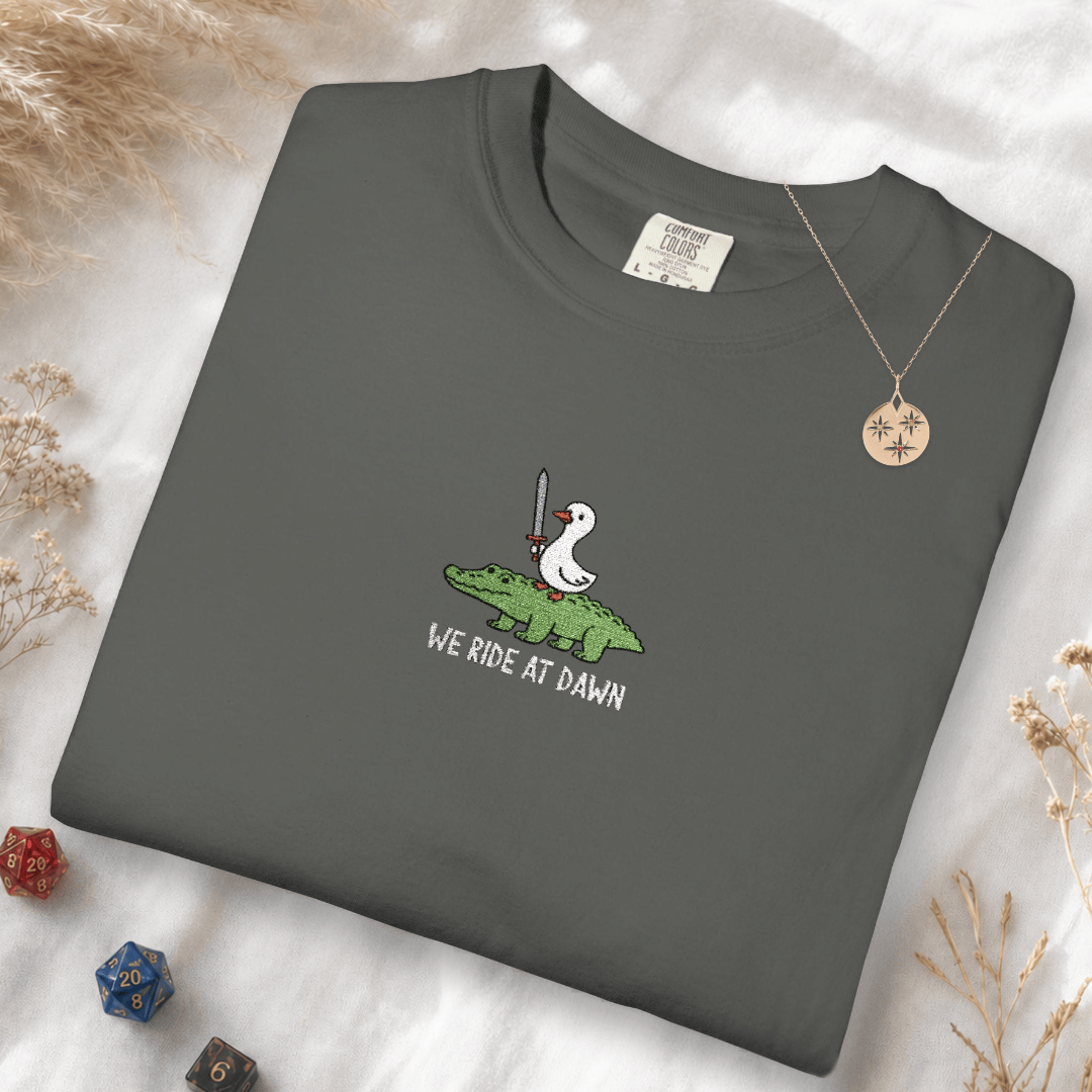 Printify T-Shirt Pepper / S We Ride at Dawn Embroidery T-Shirt - Comfort Colors