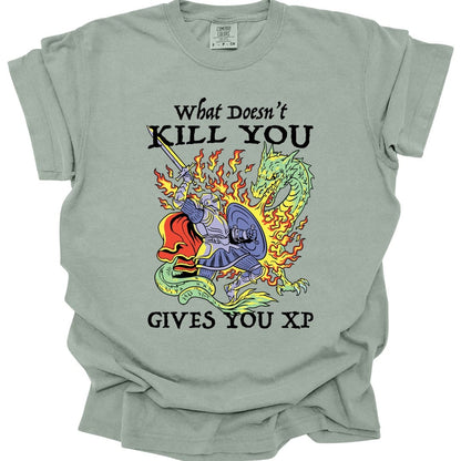 The same What Doesn't Kill You Gives You XP knight design, on a bay t-shirt.
