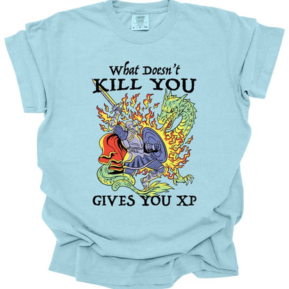 The same What Doesn't Kill You Gives You XP knight design, on a chambray t-shirt.