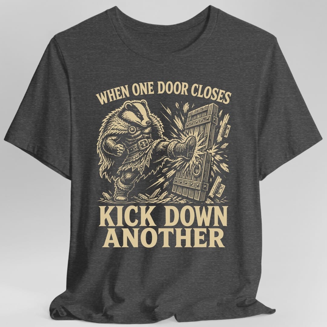 The same Kick down another badger design, on a dark heather t-shirt.