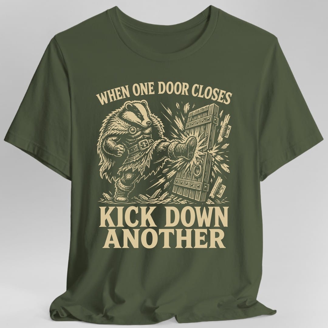 The same Kick down another badger design, on a military green t-shirt.