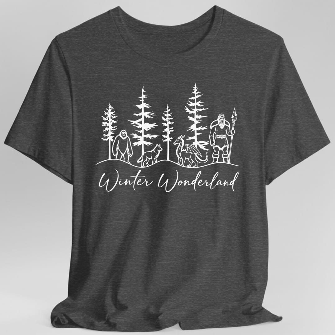 The same Winter Wonderland design, on a dark heather t-shirt.
