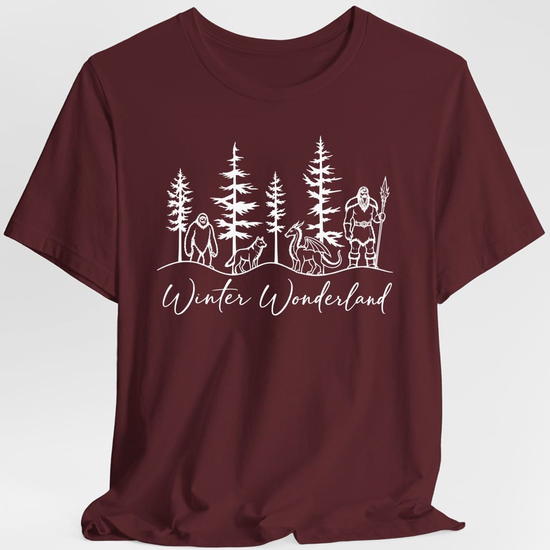 The same Winter Wonderland design, on a maroon t-shirt.