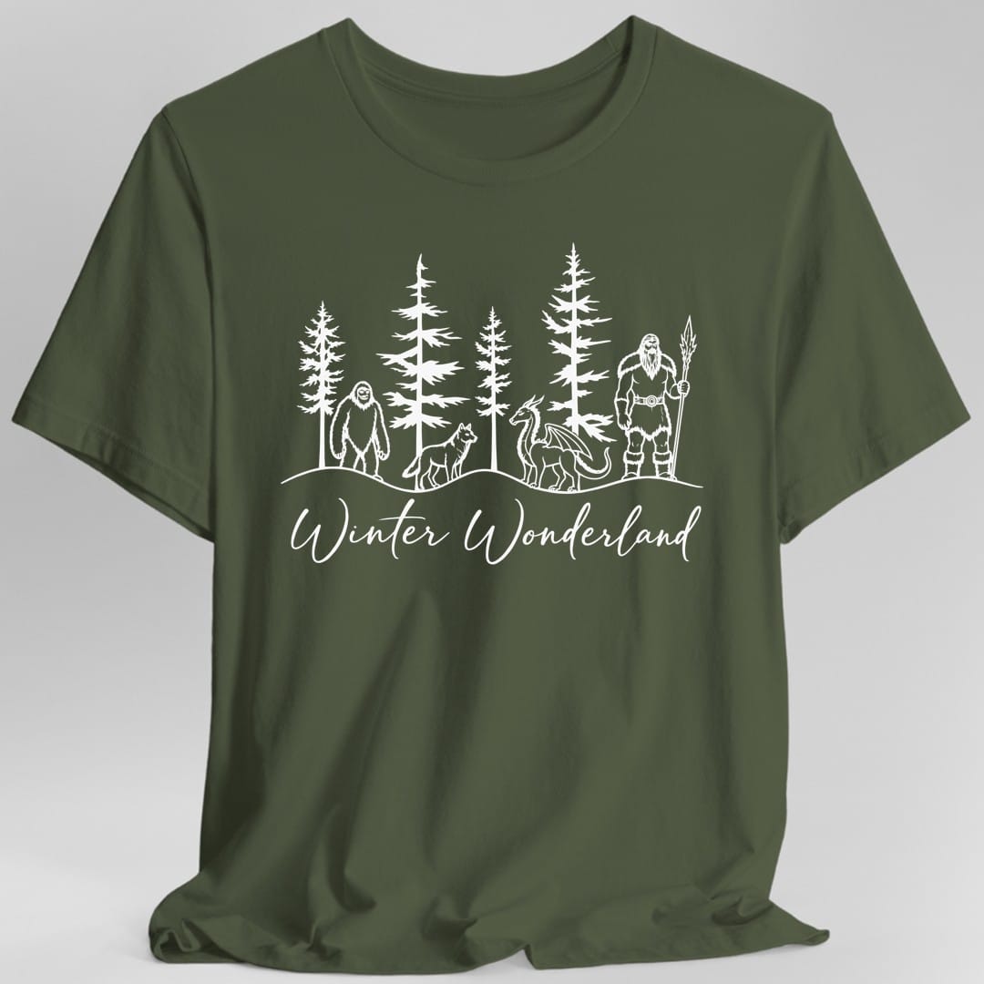 The same Winter Wonderland design, on a military green t-shirt.