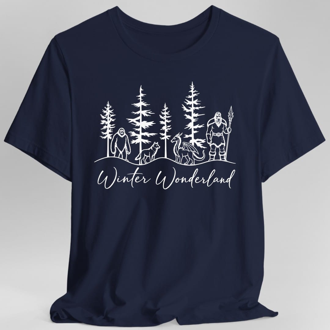 The same Winter Wonderland design, on a navy t-shirt.