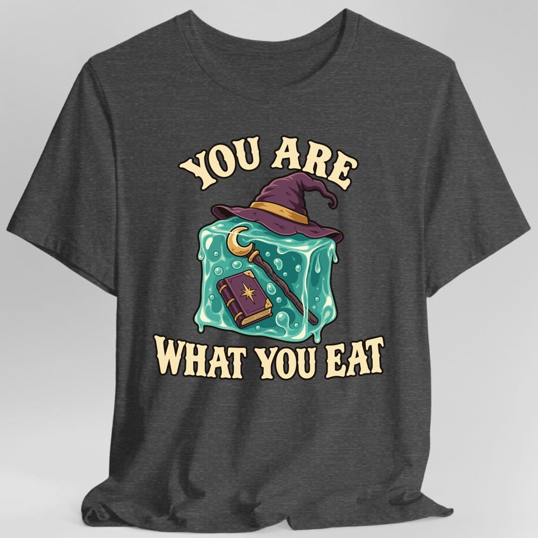The same You Are What You Eat gelatinous cube design, on a dark heather t-shirt.
