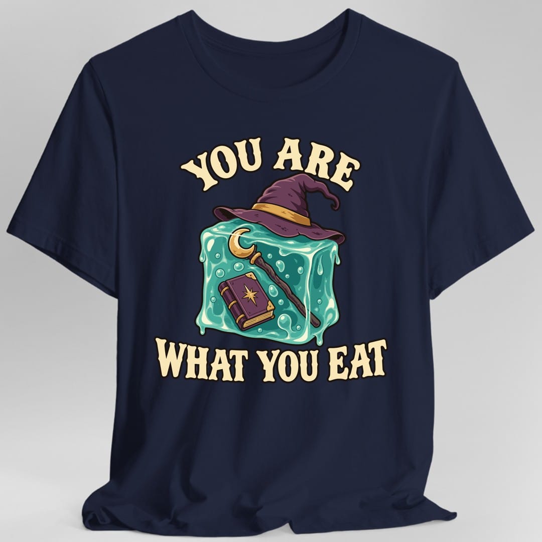 The same You Are What You Eat gelatinous cube design, on a navy t-shirt.