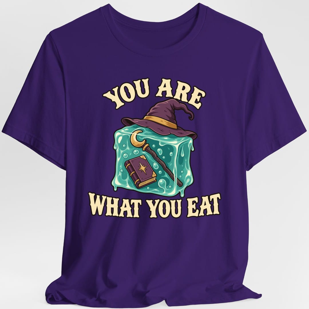 The same You Are What You Eat gelatinous cube design, on a purple t-shirt.
