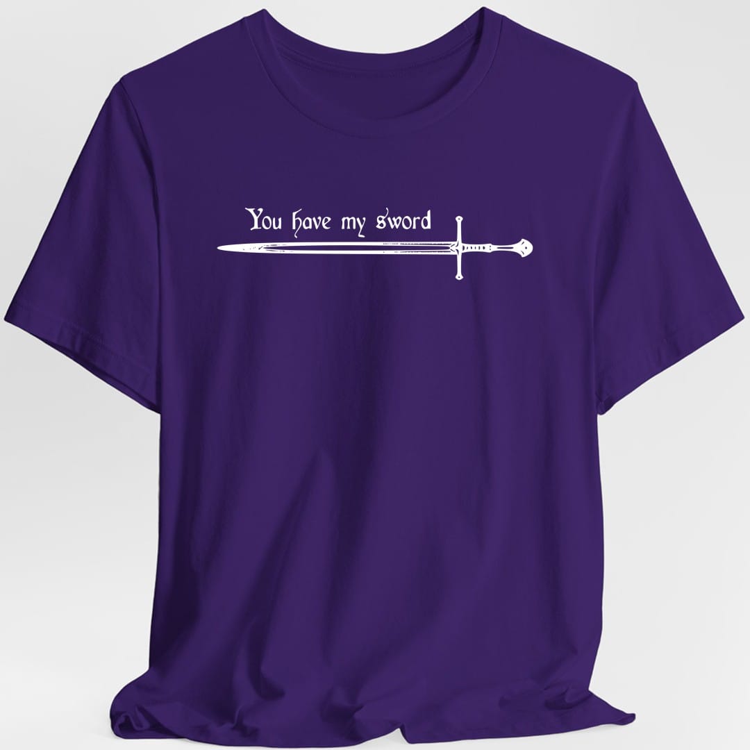 The same You Have My Sword design, on a purple t-shirt.