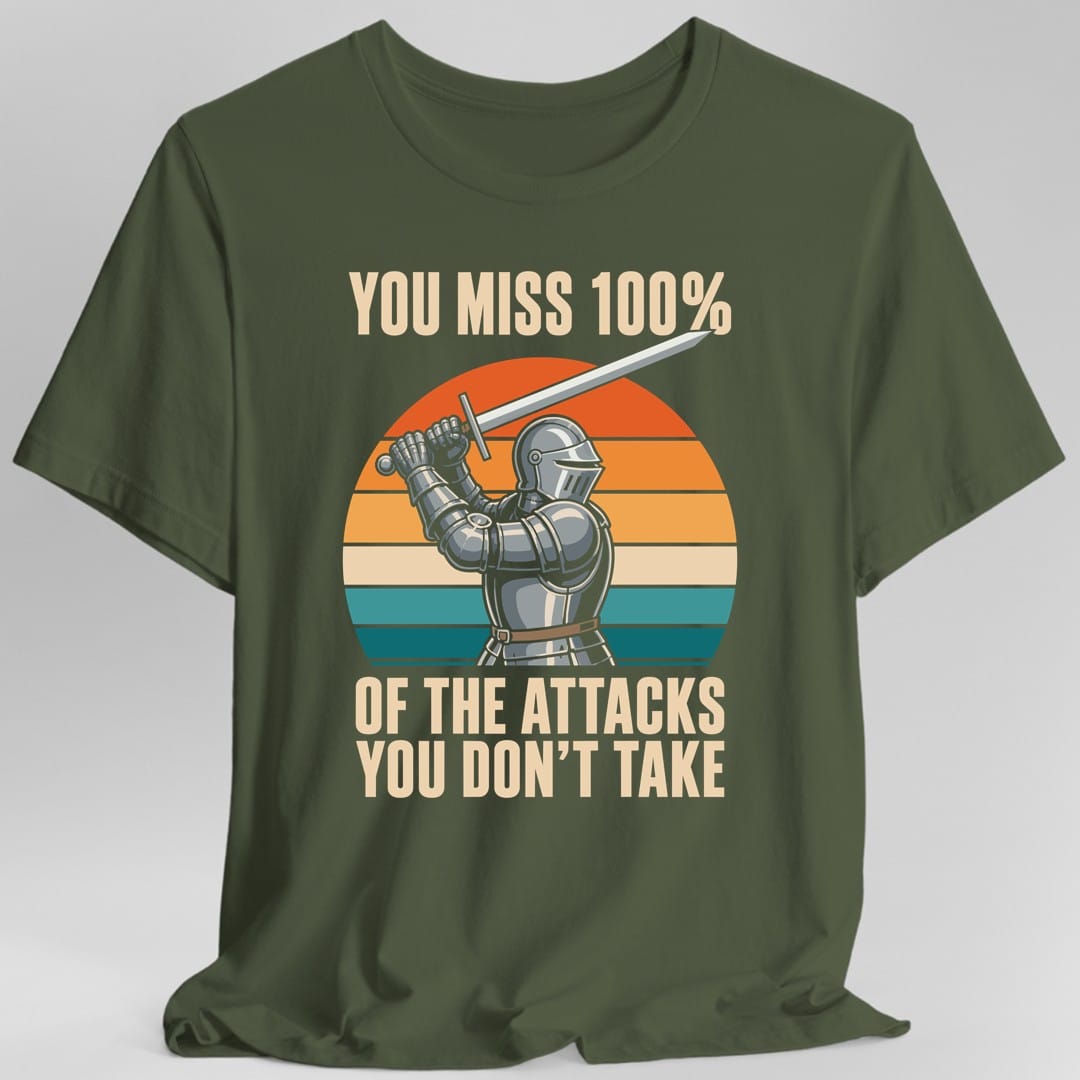 The same You miss 100% knight design, on a military green t-shirt.